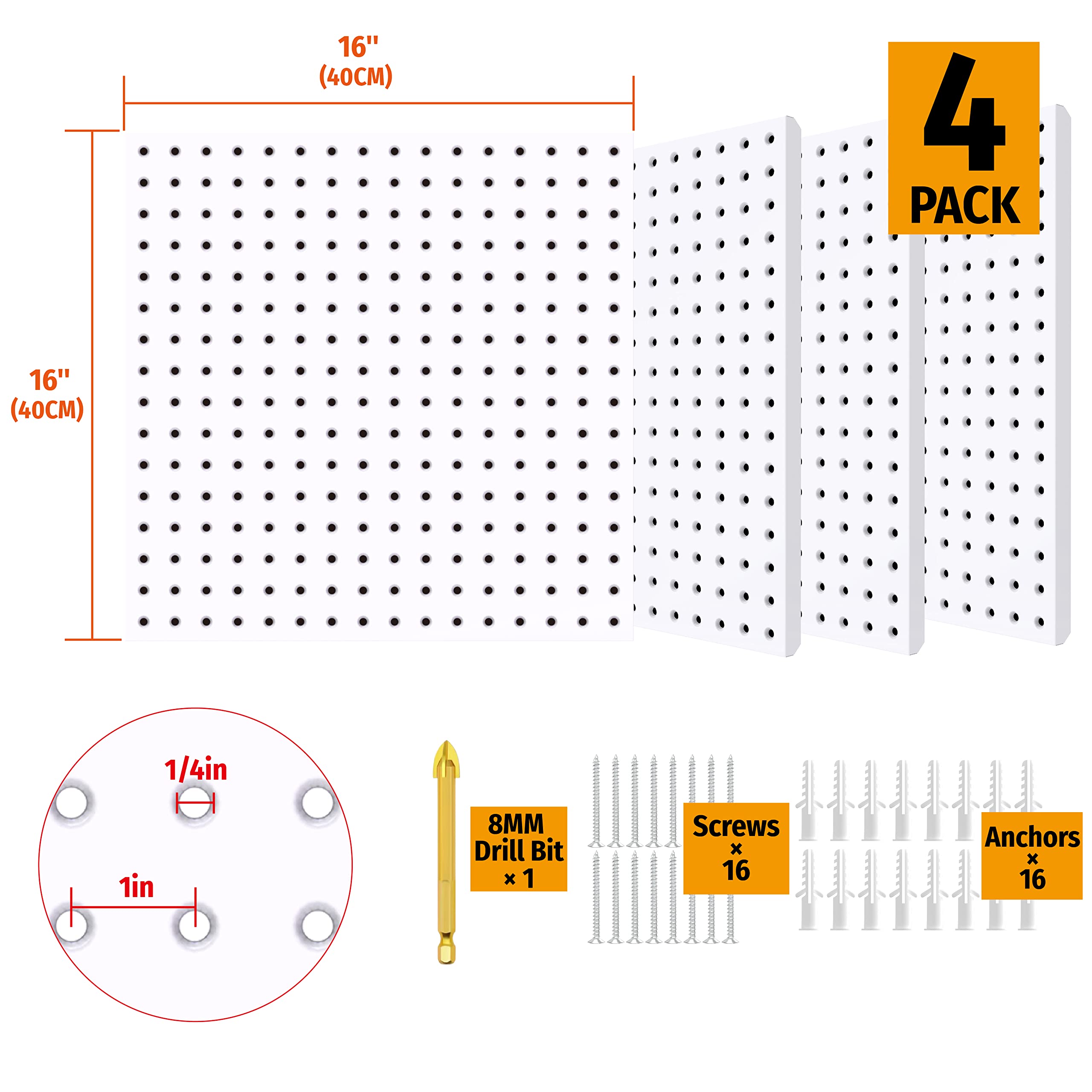 This image depicts a set of four Huhole pegboards, each measuring 16 inches by 16 inches. The pegboards are designed to provide a flexible and customizable storage solution, allowing users to organize and display a wide range of items.