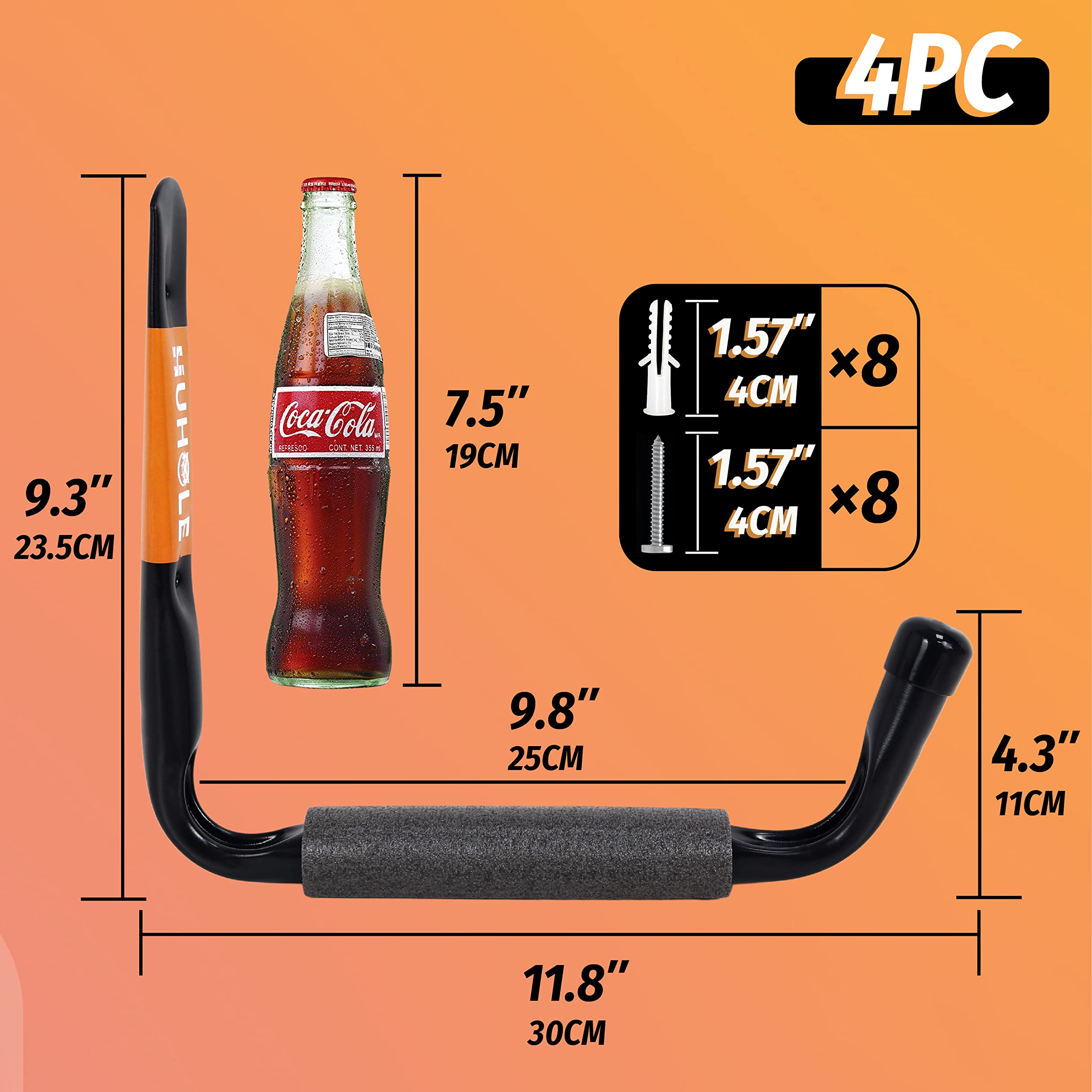 This image provides detailed product dimensions for Huhole's garage storage hooks. Key measurements shown include the hook's length of 11.8 inches (30cm), the distance between hooks at 1.57 inches (4cm), and the overall height of 9.8 inches (25cm). 