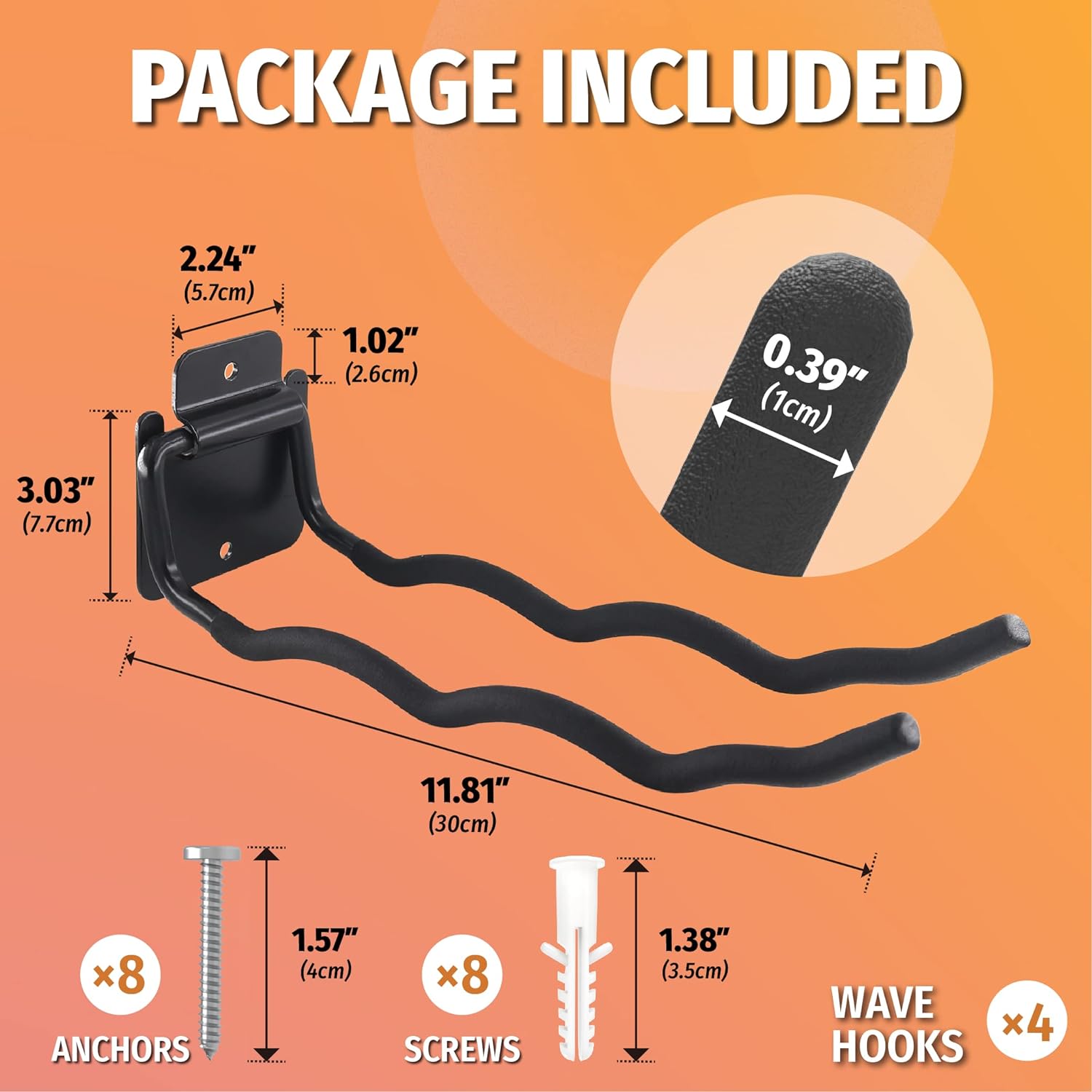 This image provides detailed product specifications and package contents for Huhole pegboard hooks. It includes measurements for the hook's dimensions, as well as illustrations of the included hardware like anchors, screws, and wave-shaped hooks. The Huhole branding is prominently displayed, indicating these are part of their product line.