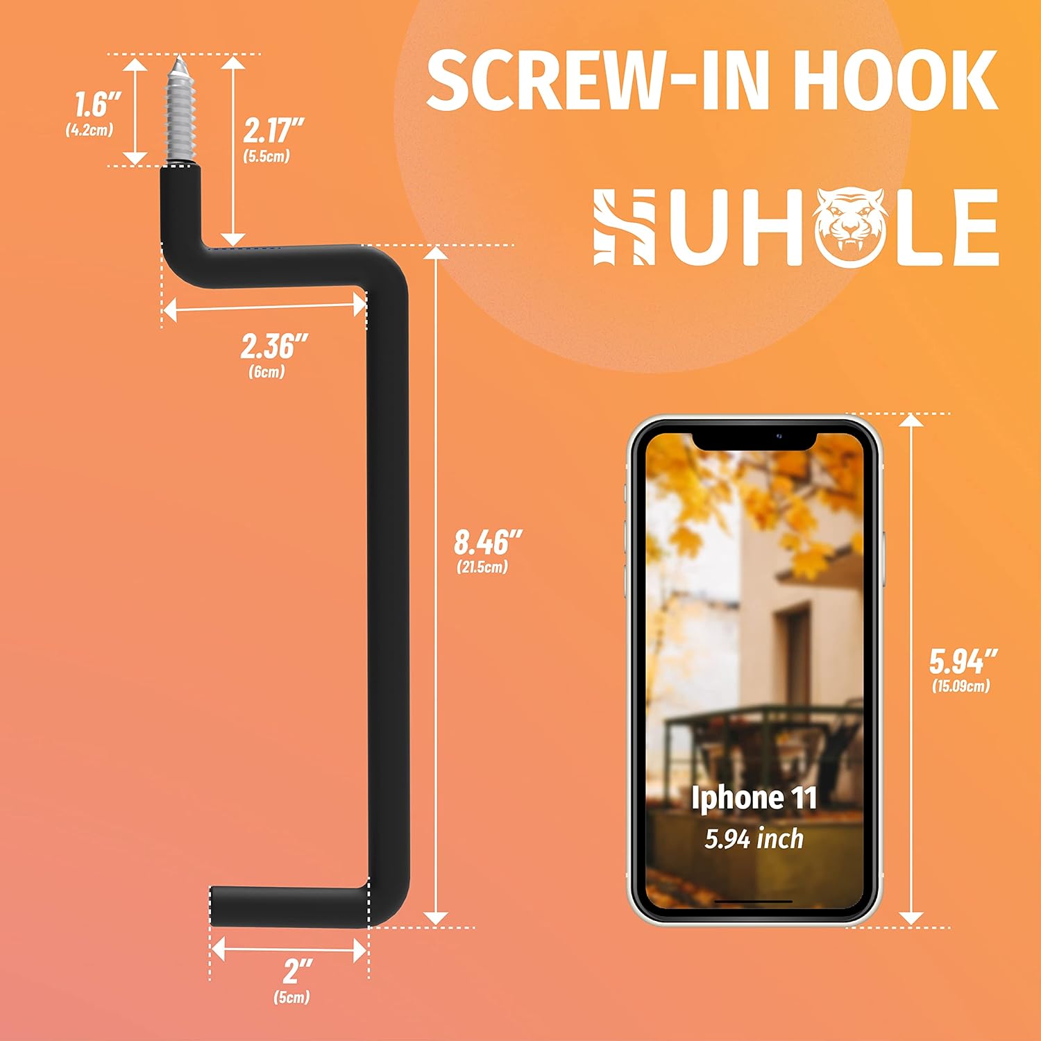 This image provides detailed dimensions and specifications for a Huhole screw-in pegboard hook. It includes measurements for the hook's length, width, and depth, as well as the size of a smartphone (iPhone 11) for scale. The Huhole branding is prominently displayed, indicating this is one of their product offerings.