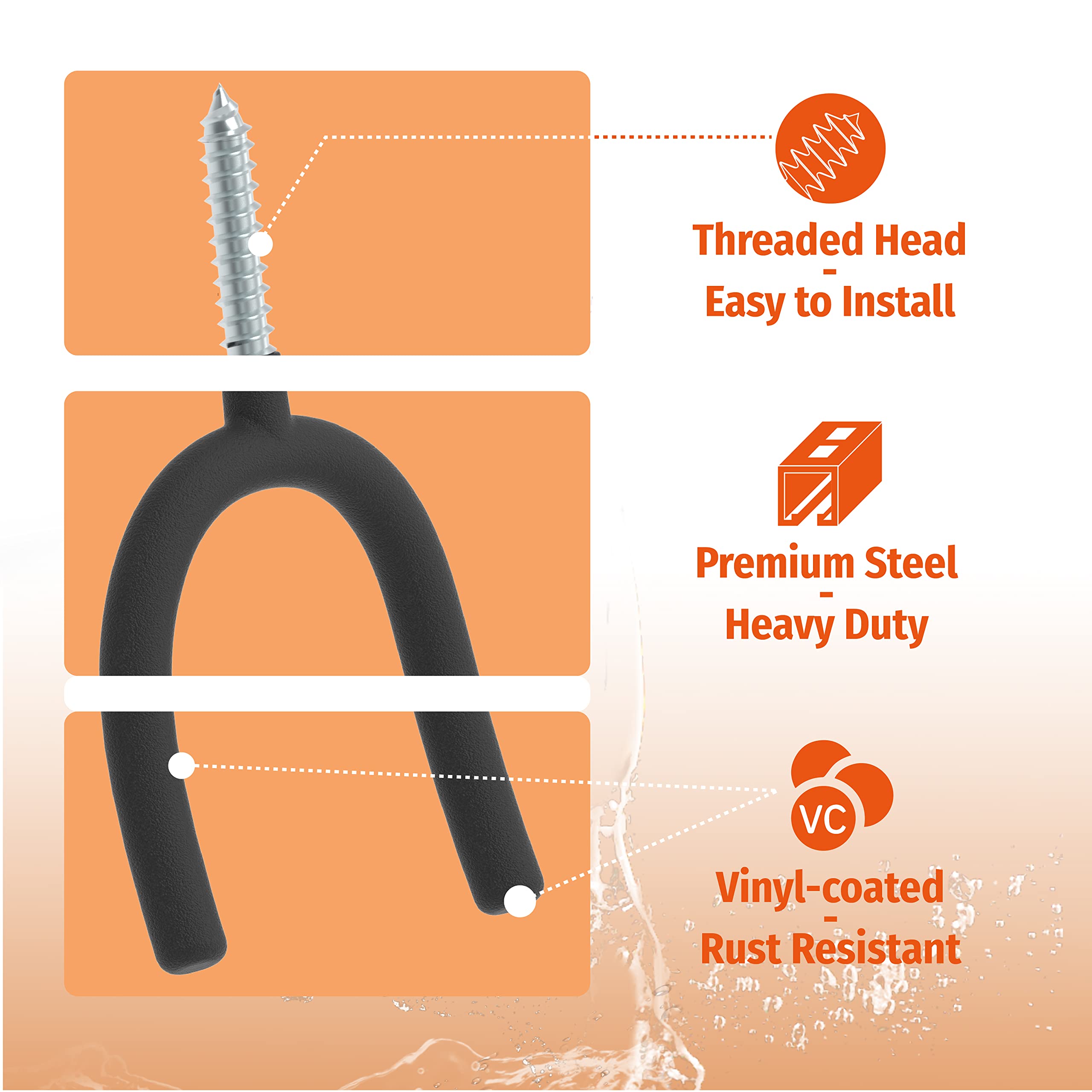 This image highlights the key features of Huhole's pegboard hooks, emphasizing their premium construction and user-friendly installation. The visual includes callouts pointing out the threaded head design for easy mounting, the heavy-duty steel material, and the vinyl coating for rust resistance. 